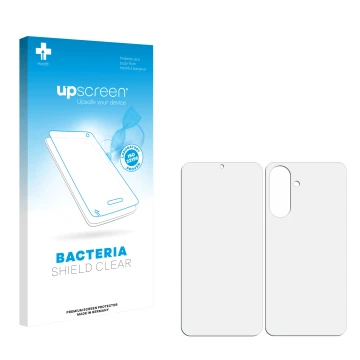 Vorderseite einer Produktverpackung mit dem Markenlogo upscreen. Daneben ist der zugehörige Displayschutz.