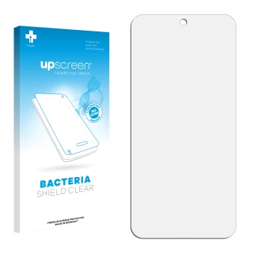 Vorderseite einer Produktverpackung mit dem Markenlogo upscreen. Daneben ist der zugehörige Displayschutz.
