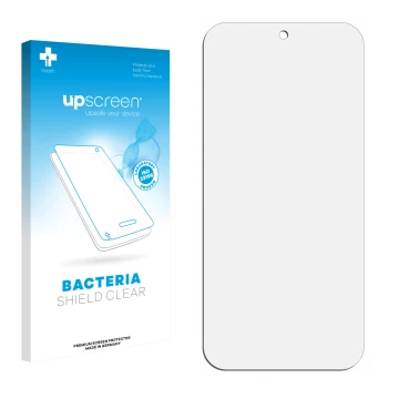 Vorderseite einer Produktverpackung mit dem Markenlogo upscreen. Daneben ist der zugehörige Displayschutz.