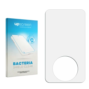 Vorderseite einer Produktverpackung mit dem Markenlogo upscreen. Daneben ist der zugehörige Displayschutz.