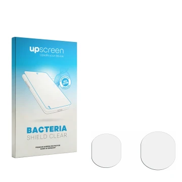 Vorderseite einer Produktverpackung mit dem Markenlogo upscreen. Daneben ist der zugehörige Displayschutz.