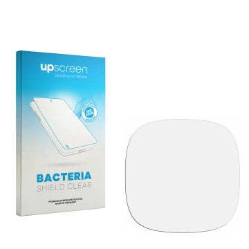 Vorderseite einer Produktverpackung mit dem Markenlogo upscreen. Daneben ist der zugehörige Displayschutz.