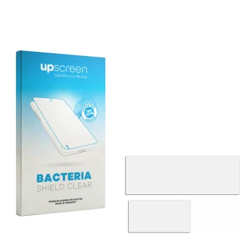 Vorderseite einer Produktverpackung mit dem Markenlogo upscreen. Daneben ist der zugehörige Displayschutz.