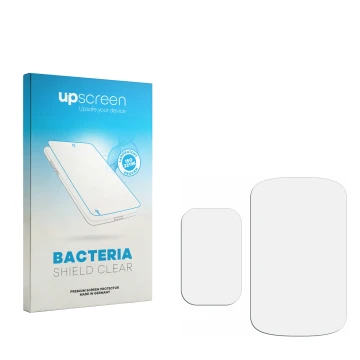 Vorderseite einer Produktverpackung mit dem Markenlogo upscreen. Daneben ist der zugehörige Displayschutz.