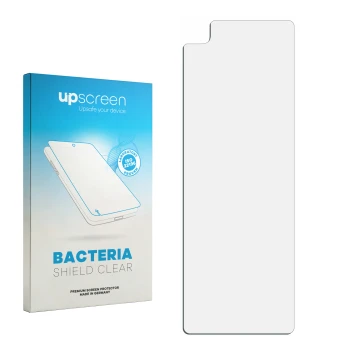 Vorderseite einer Produktverpackung mit dem Markenlogo upscreen. Daneben ist der zugehörige Displayschutz.