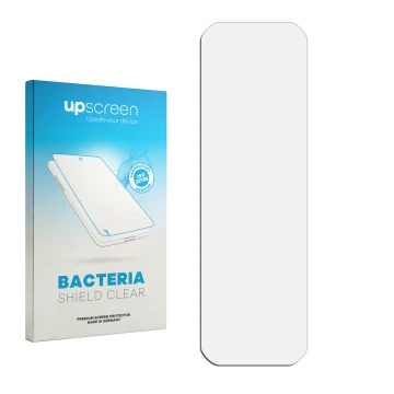 Vorderseite einer Produktverpackung mit dem Markenlogo upscreen. Daneben ist der zugehörige Displayschutz.