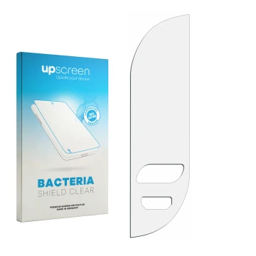 Vorderseite einer Produktverpackung mit dem Markenlogo upscreen. Daneben ist der zugehörige Displayschutz.