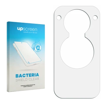 Vorderseite einer Produktverpackung mit dem Markenlogo upscreen. Daneben ist der zugehörige Displayschutz.
