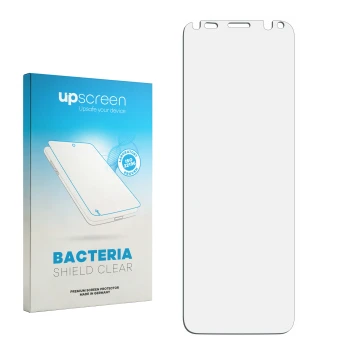 Vorderseite einer Produktverpackung mit dem Markenlogo upscreen. Daneben ist der zugehörige Displayschutz.
