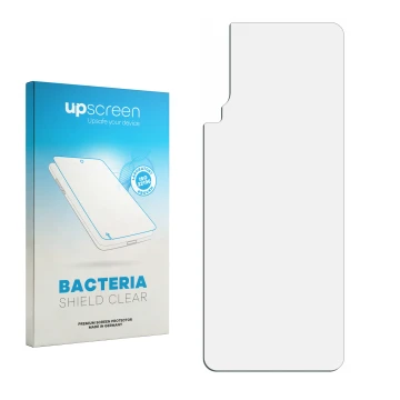 Vorderseite einer Produktverpackung mit dem Markenlogo upscreen. Daneben ist der zugehörige Displayschutz.