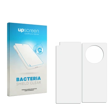 Vorderseite einer Produktverpackung mit dem Markenlogo upscreen. Daneben ist der zugehörige Displayschutz.
