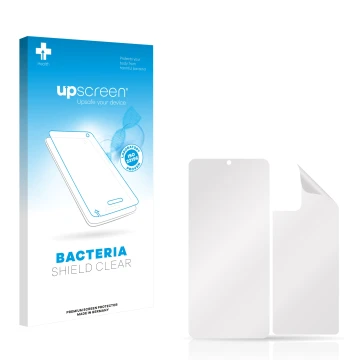 Vorderseite einer Produktverpackung mit dem Markenlogo upscreen. Daneben ist der zugehörige Displayschutz.