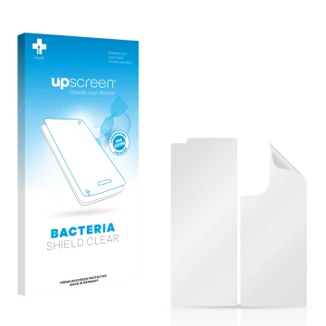 Vorderseite einer Produktverpackung mit dem Markenlogo upscreen. Daneben ist der zugehörige Displayschutz.