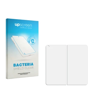 Vorderseite einer Produktverpackung mit dem Markenlogo upscreen. Daneben ist der zugehörige Displayschutz.
