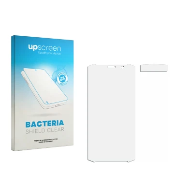 Vorderseite einer Produktverpackung mit dem Markenlogo upscreen. Daneben ist der zugehörige Displayschutz.