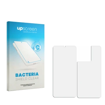 Vorderseite einer Produktverpackung mit dem Markenlogo upscreen. Daneben ist der zugehörige Displayschutz.