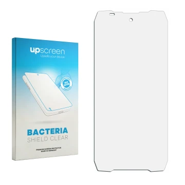 Vorderseite einer Produktverpackung mit dem Markenlogo upscreen. Daneben ist der zugehörige Displayschutz.