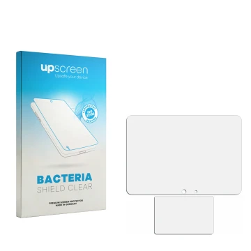 Vorderseite einer Produktverpackung mit dem Markenlogo upscreen. Daneben ist der zugehörige Displayschutz.