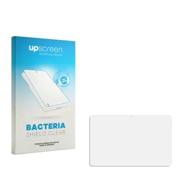 Vorderseite einer Produktverpackung mit dem Markenlogo upscreen. Daneben ist der zugehörige Displayschutz.