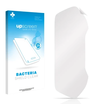 Vorderseite einer Produktverpackung mit dem Markenlogo upscreen. Daneben ist der zugehörige Displayschutz.