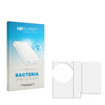 Vorderseite einer Produktverpackung mit dem Markenlogo upscreen. Daneben ist der zugehörige Displayschutz.