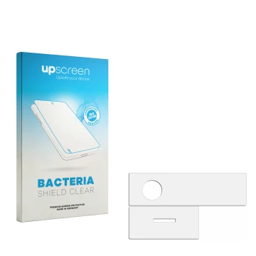 Vorderseite einer Produktverpackung mit dem Markenlogo upscreen. Daneben ist der zugehörige Displayschutz.