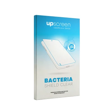 Vorderseite einer Produktverpackung mit dem Markenlogo upscreen. Daneben ist der zugehörige Displayschutz.