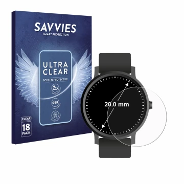 Vorderseite einer Produktverpackung mit dem Markenlogo Savvies. Daneben ist das Gerät Armbanduhren (Kreisrund, ø: 20 mm) mit d