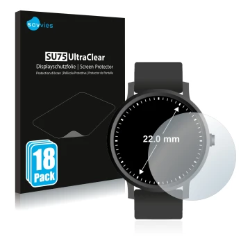Vorderseite einer Produktverpackung mit dem Markenlogo Savvies. Daneben ist das Gerät Armbanduhren (Kreisrund, ø: 22 mm) mit d