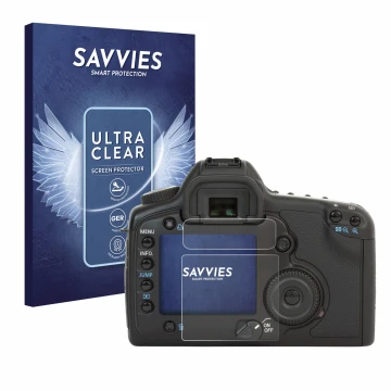 Vorderseite einer Produktverpackung mit dem Markenlogo Savvies. Daneben ist das Gerät Canon EOS 5D mit dem zugehörigen Display