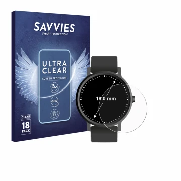 Vorderseite einer Produktverpackung mit dem Markenlogo Savvies. Daneben ist das Gerät Armbanduhren (Kreisrund, ø: 19 mm) mit d