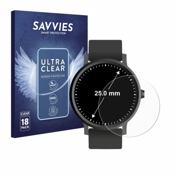 Vorderseite einer Produktverpackung mit dem Markenlogo Savvies. Daneben ist das Gerät Armbanduhren (Kreisrund, ø: 25 mm) mit d