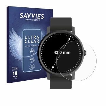 Vorderseite einer Produktverpackung mit dem Markenlogo Savvies. Daneben ist das Gerät Armbanduhren (Kreisrund, ø: 43 mm) mit d