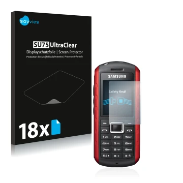 Vorderseite einer Produktverpackung mit dem Markenlogo Savvies. Daneben ist das Gerät Samsung B2100 mit dem zugehörigen Displa