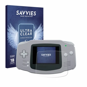 Vorderseite einer Produktverpackung mit dem Markenlogo Savvies. Daneben ist das Gerät Nintendo Gameboy Advance GBA mit dem zug