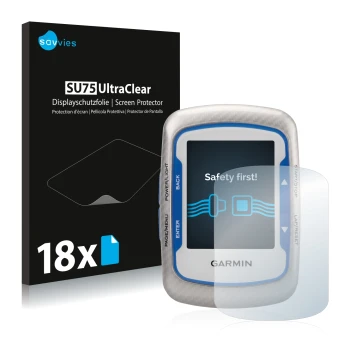 Vorderseite einer Produktverpackung mit dem Markenlogo Savvies. Daneben ist das Gerät Garmin Edge 500 mit dem zugehörigen Disp
