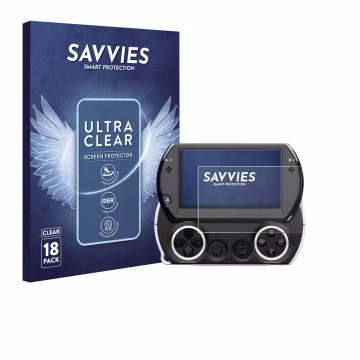 Vorderseite einer Produktverpackung mit dem Markenlogo Savvies. Daneben ist das Gerät Sony PSP Go mit dem zugehörigen Displays