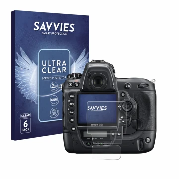Vorderseite einer Produktverpackung mit dem Markenlogo Savvies. Daneben ist das Gerät Nikon D3S mit dem zugehörigen Displaysch