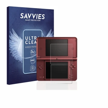 Vorderseite einer Produktverpackung mit dem Markenlogo Savvies. Daneben ist das Gerät Nintendo DSi XL mit dem zugehörigen Disp