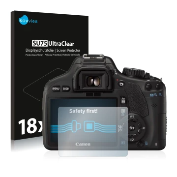 Vorderseite einer Produktverpackung mit dem Markenlogo Savvies. Daneben ist das Gerät Canon EOS 550D mit dem zugehörigen Displ