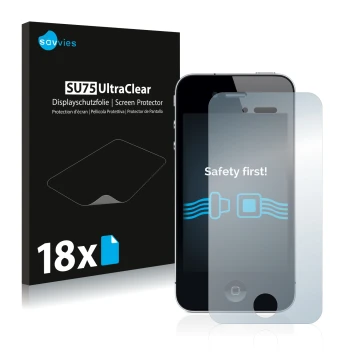 Vorderseite einer Produktverpackung mit dem Markenlogo Savvies. Daneben ist das Gerät Apple iPhone 4 mit dem zugehörigen Displ