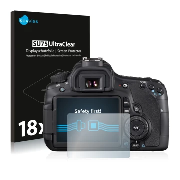 Vorderseite einer Produktverpackung mit dem Markenlogo Savvies. Daneben ist das Gerät Canon EOS 60D mit dem zugehörigen Displa