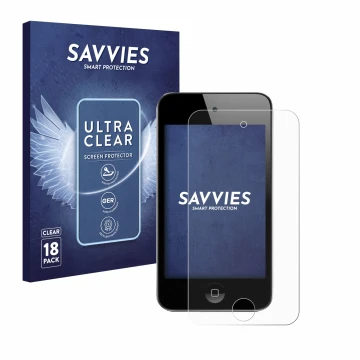 Vorderseite einer Produktverpackung mit dem Markenlogo Savvies. Daneben ist das Gerät Apple iPod Touch (4. Gen.) mit dem zugeh