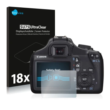 Vorderseite einer Produktverpackung mit dem Markenlogo Savvies. Daneben ist das Gerät Canon EOS 1100D mit dem zugehörigen Disp