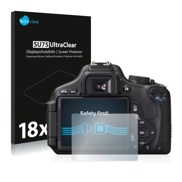 Vorderseite einer Produktverpackung mit dem Markenlogo Savvies. Daneben ist das Gerät Canon EOS 600D mit dem zugehörigen Displ