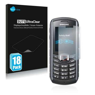 Vorderseite einer Produktverpackung mit dem Markenlogo Savvies. Daneben ist das Gerät Samsung GT-B2710 mit dem zugehörigen Dis