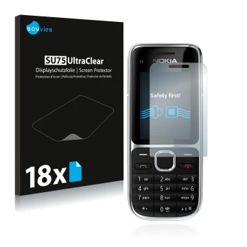 Vorderseite einer Produktverpackung mit dem Markenlogo Savvies. Daneben ist das Gerät Nokia C2-01 mit dem zugehörigen Displays