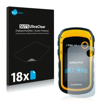 Vorderseite einer Produktverpackung mit dem Markenlogo Savvies. Daneben ist das Gerät Garmin eTrex 10 mit dem zugehörigen Disp