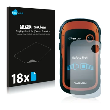 Vorderseite einer Produktverpackung mit dem Markenlogo Savvies. Daneben ist das Gerät Garmin eTrex 20 mit dem zugehörigen Disp