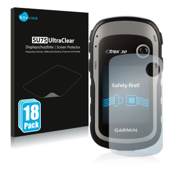 Vorderseite einer Produktverpackung mit dem Markenlogo Savvies. Daneben ist das Gerät Garmin eTrex 30 mit dem zugehörigen Disp